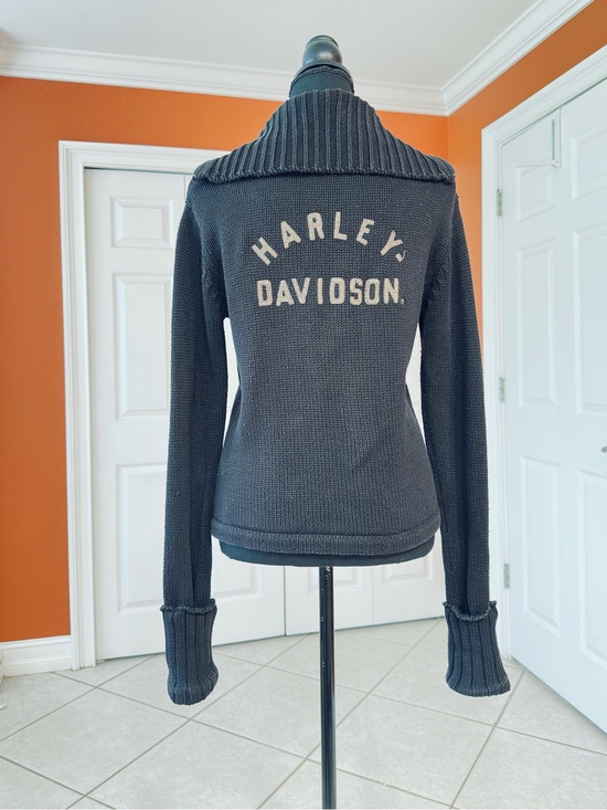 Harley-Davidson Sweaters - HARLEY-DAVIDSON ~ Black Knit Cardigan with Contrast Logo and Brass Zipper size L